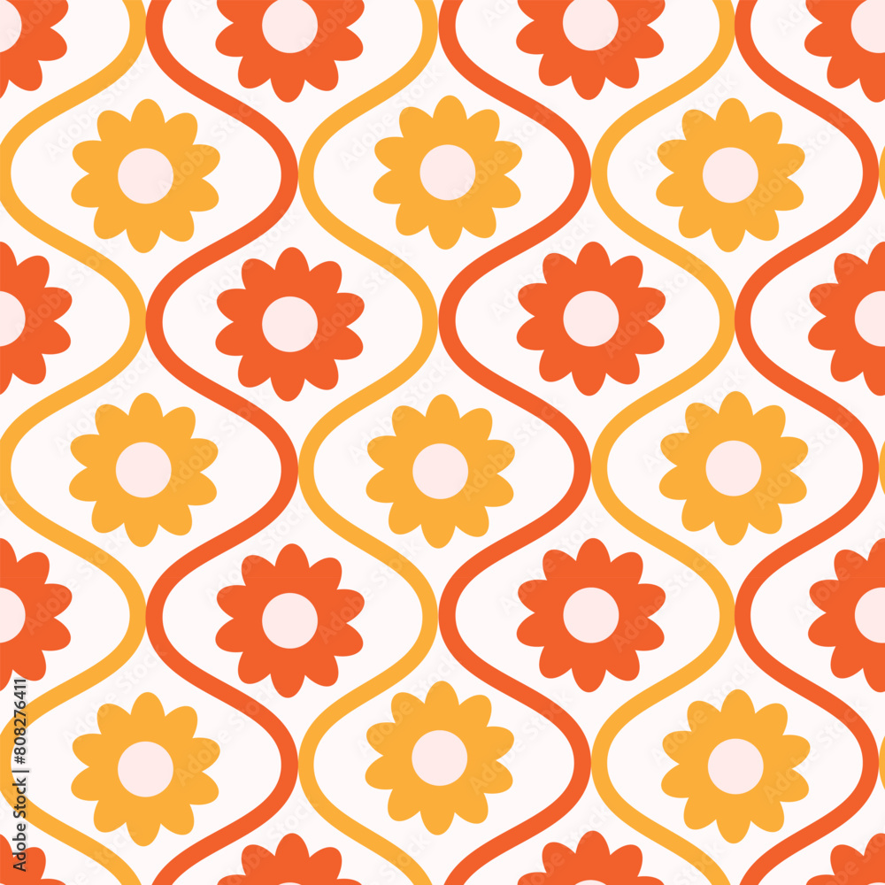 Retro Groovy Orange and Red flowers on Mid Century ogee seamless pattern. For wallpaper, home décor and fabric Retro Groovy Orange and Red flowers on Mid Century ogee seamless pattern. For wallpaper, home décor and fabric