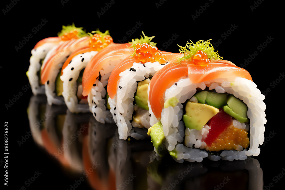 Sushi row on black background. Sushi row on black background.