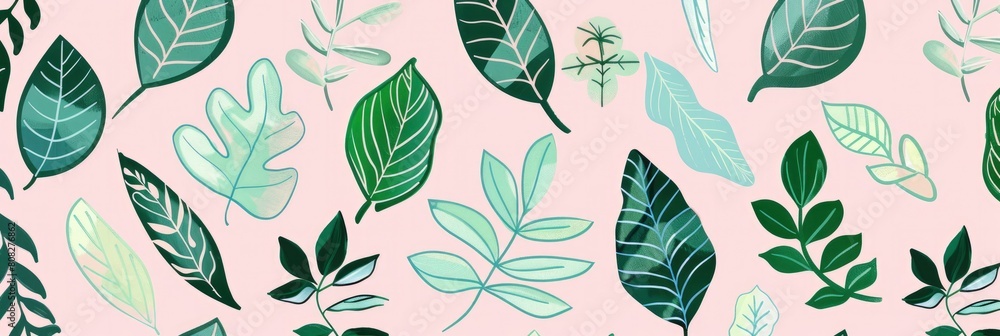 A seamless pattern with pastel green leaves, pink background, playful and whimsical design, cute pattern.