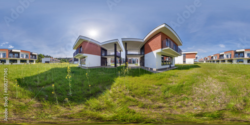 hdri 360 panorama in low-rise residential townhouse or public buildings complex with several multi-level apartments with isolated entrances in equirectangular spherical seamless projection © hiv360