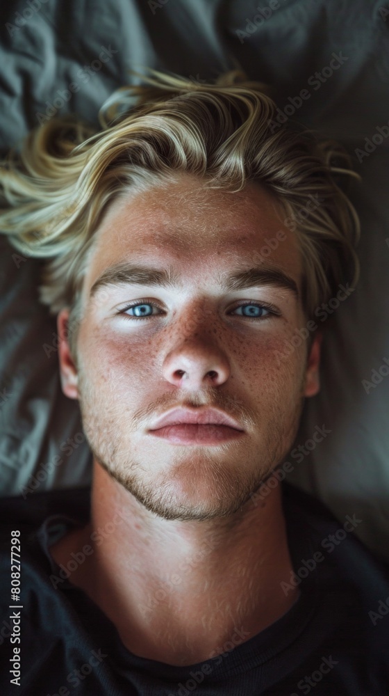 Handsome blonde man close up portrait, top view Handsome blonde man close up portrait, top view
