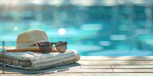 A towel with sunglasses and a straw hat on a wooden table with blue swimming pool background,