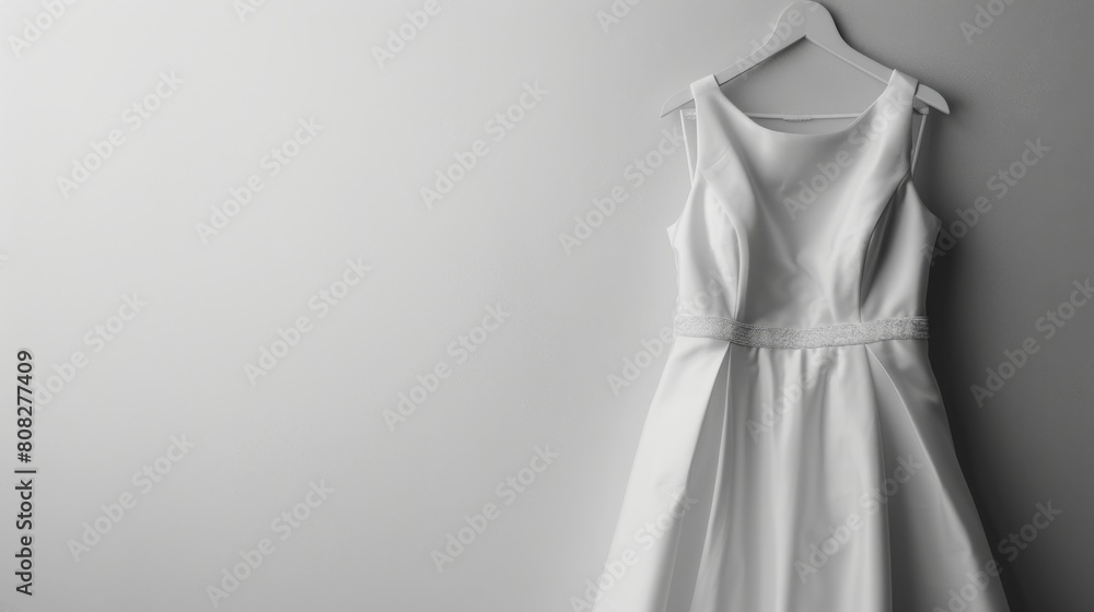 A white wedding dress hangs gracefully against a wall A white wedding dress hangs gracefully against a wall