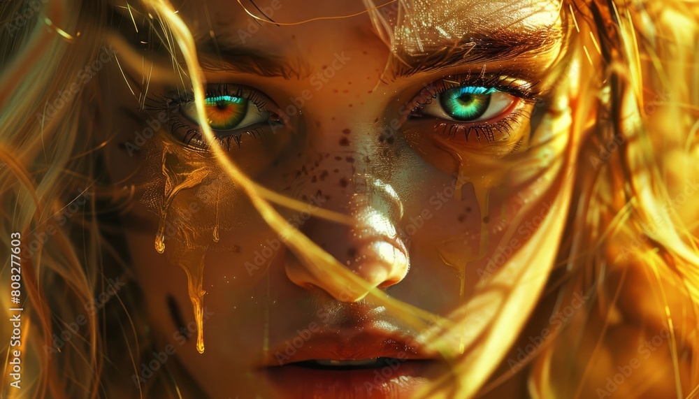 Beautiful blonde woman with green eyes, her skin is painted in yellow and orange Beautiful blonde woman with green eyes, her skin is painted in yellow and orange