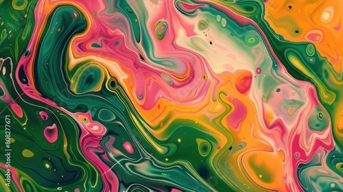 Abstract background with green, pink, and orange colors, asymmetrical colorful pattern photo