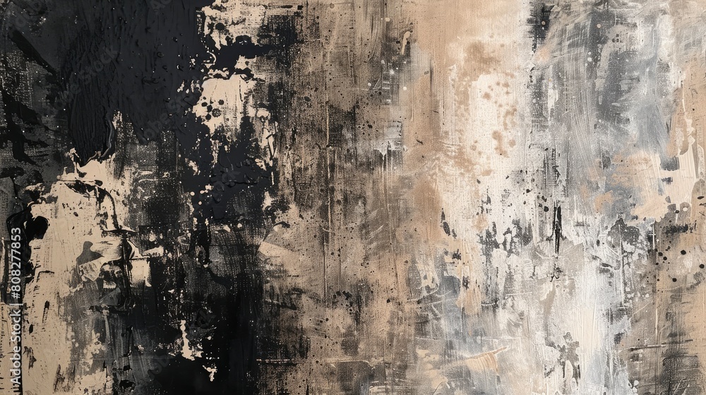 Abstract black and beige painting with neutral tones and a grainy texture. The painting is in the style of neutral tones and a grainy texture.
