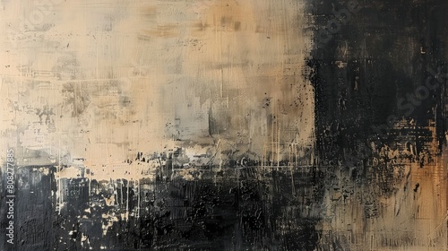 Abstract black and beige painting with neutral tones and a grainy texture. The painting is in the style of neutral tones and a grainy texture.