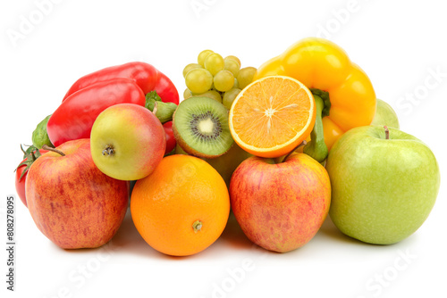 Fruits and vegetables in a wicker basket isolated on a white .