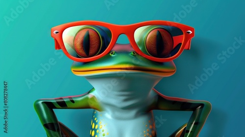  Frog wearing red glasses on head against blue backdrop