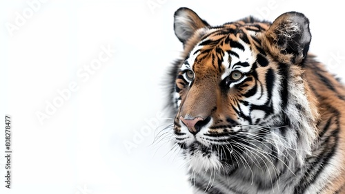 Adult tiger isolated on white background with intense gaze. Concept Wildlife Photography, Animal Portraits, White Background, Intense Gaze, Tiger Portrait © Anastasiia