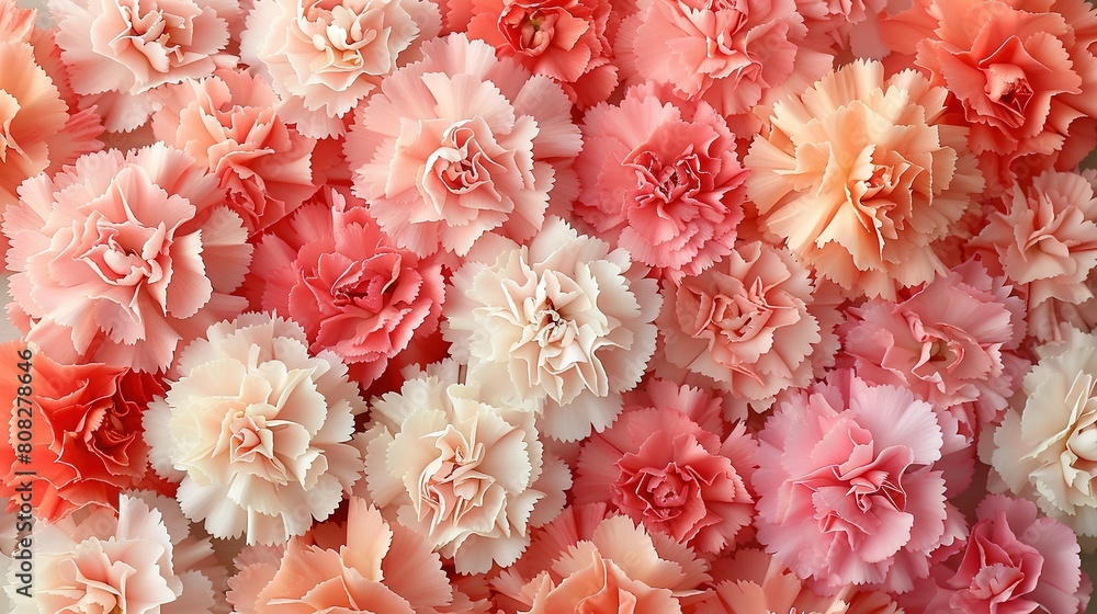   A close-up of several pink and white carnations on pink and white paper