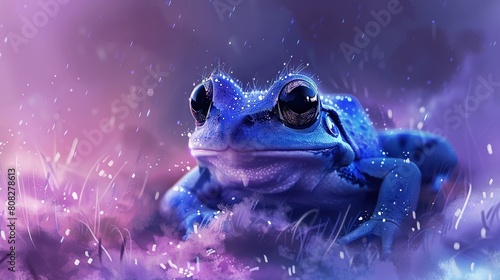   Blue frog in grass field under purple rainy sky photo