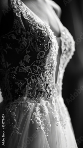 A wedding dress elegantly displayed on a mannequin in black and white