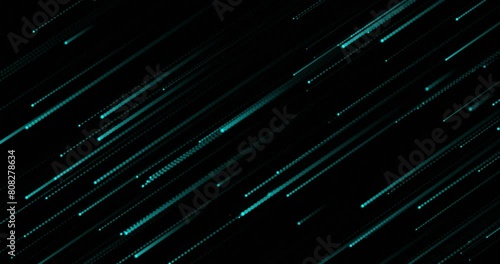Speed falling of particles, diagonally moving from up to down. Abstract seamless looped kinetic animation of sky blue color particles over black color background. photo