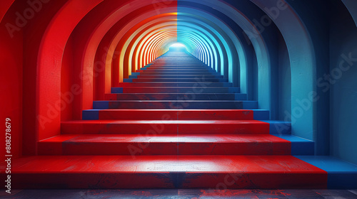 A long red and blue staircase with a bright light shining down on it