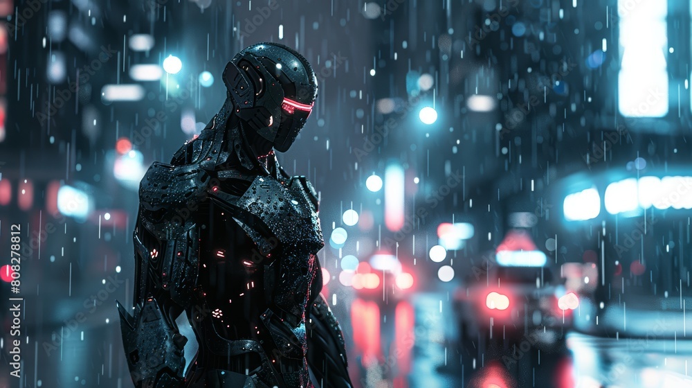 Robot in futuristic armor standing in the rain at night with city lights in background. Science fiction and dystopian society concept