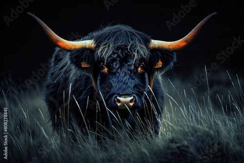 black highland cow with orange colored horns, in a grassy field against a dark background