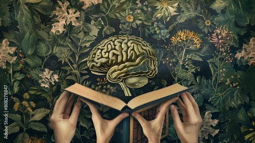 Human brain rising from an open book surrounded by botanical illustrations on a dark background.