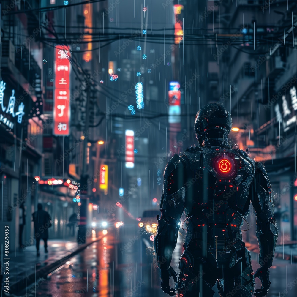 Back view of futuristic soldier in rain on city street. Neon-lit urban scene in cyberpunk style.