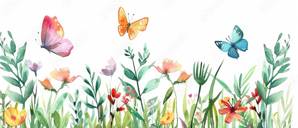 Fototapeta premium A beautiful watercolor of a colorful butterfly garden, isolated with a white background