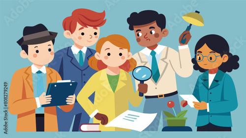 A group of young detectives put their critical thinking skills to the test with a forensic science kit sharing their observations and theories as they. Vector illustration