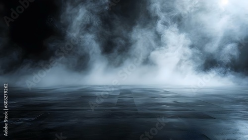 Abstract dark room with concrete floor fog and product placement on stage. Concept Dark Room  Concrete Floor  Fog  Product Placement  Stage Setting