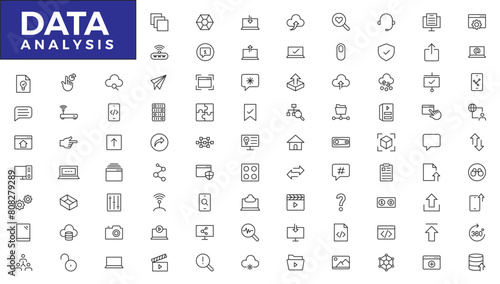 Data analysis thin line icon mega set. Data processing outline pictograms for website and mobile app GUI. Digital analytics simple UI, UX vector icons