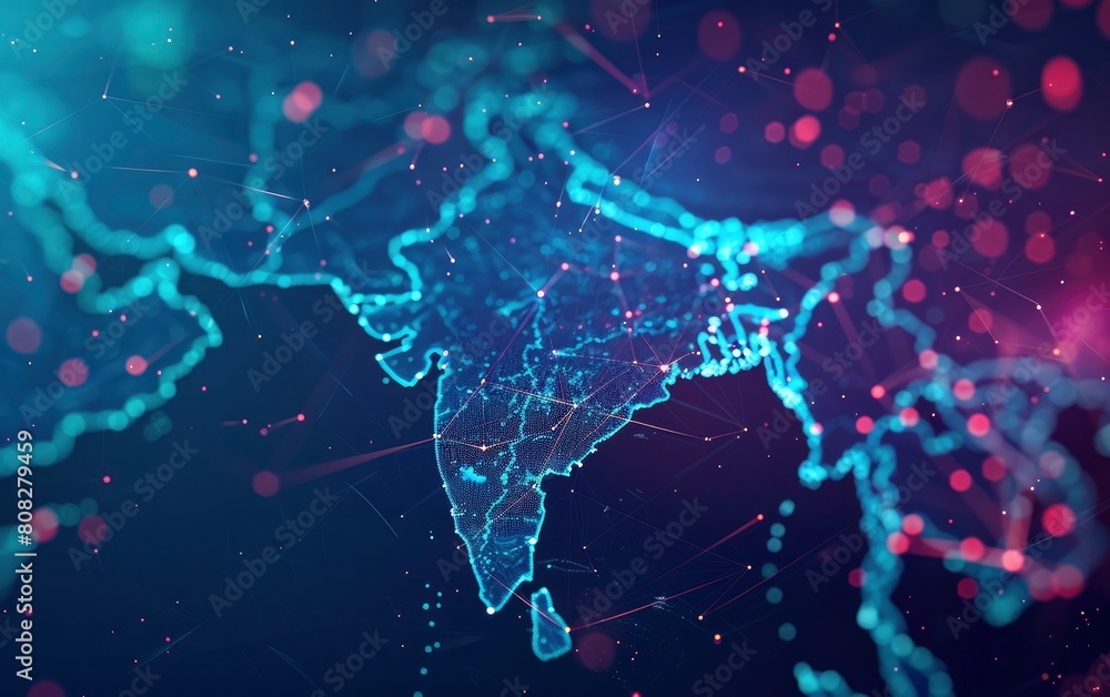 Digital map of India with network connections and data points on dark ...