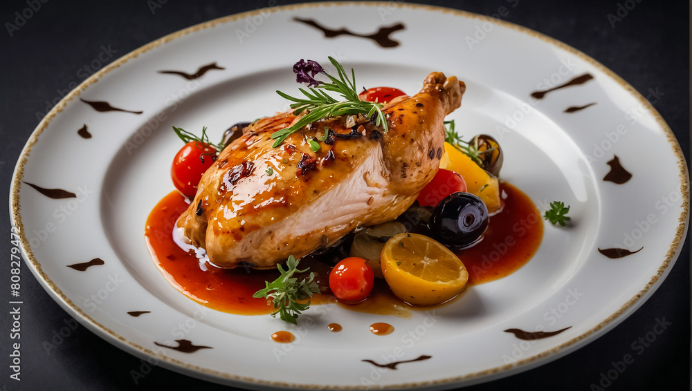Provencal chicken in a restaurant roasted Provencal chicken in a restaurant roasted