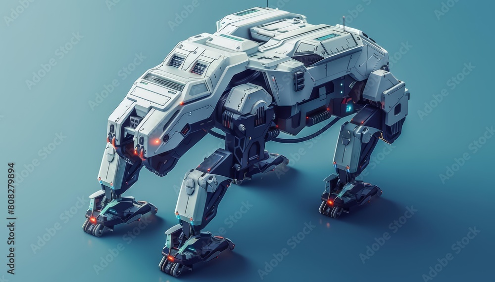 A futuristic isometric robot, designed with advanced features, showcased in a model isolated on a solid background A futuristic isometric robot, designed with advanced features, showcased in a model isolated on a solid background