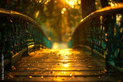 Golden hour sunlight casting a warm glow on a decorated bridge.