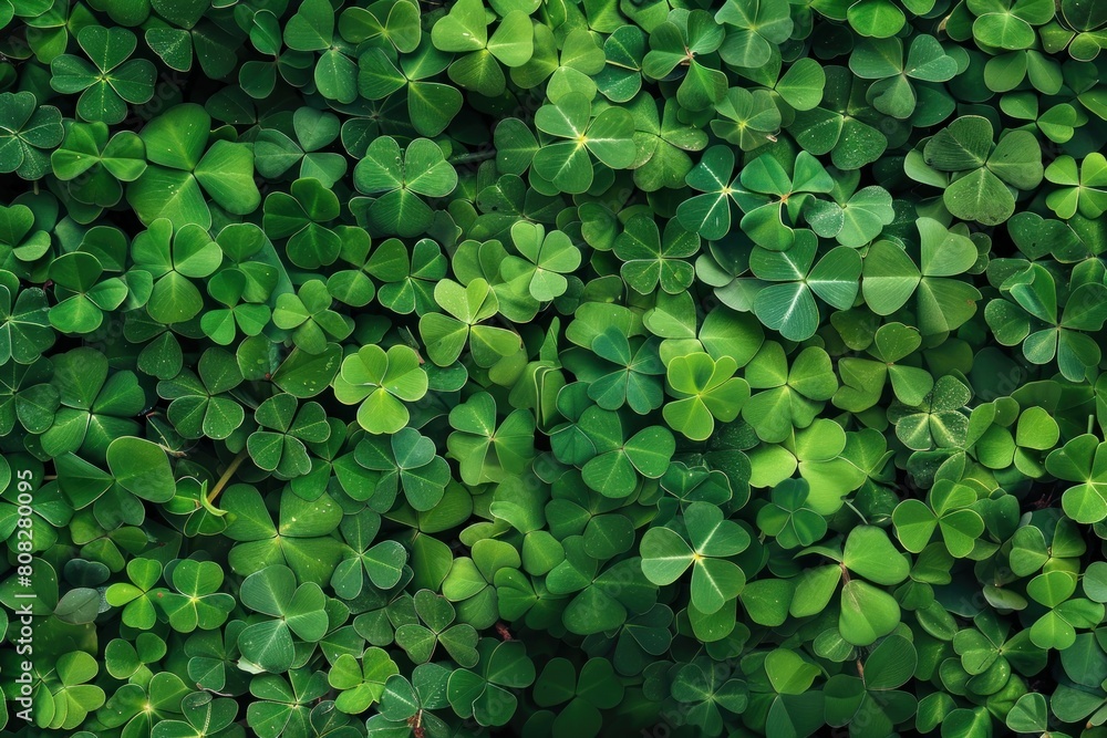 Close-up view of a lush, dense field of green clover, filling the frame with vibrant shades of green and subtle highlights where sunlight touches the leaves. nature, growth, and luck. Close-up view of a lush, dense field of green clover, filling the frame with vibrant shades of green and subtle highlights where sunlight touches the leaves. nature, growth, and luck.