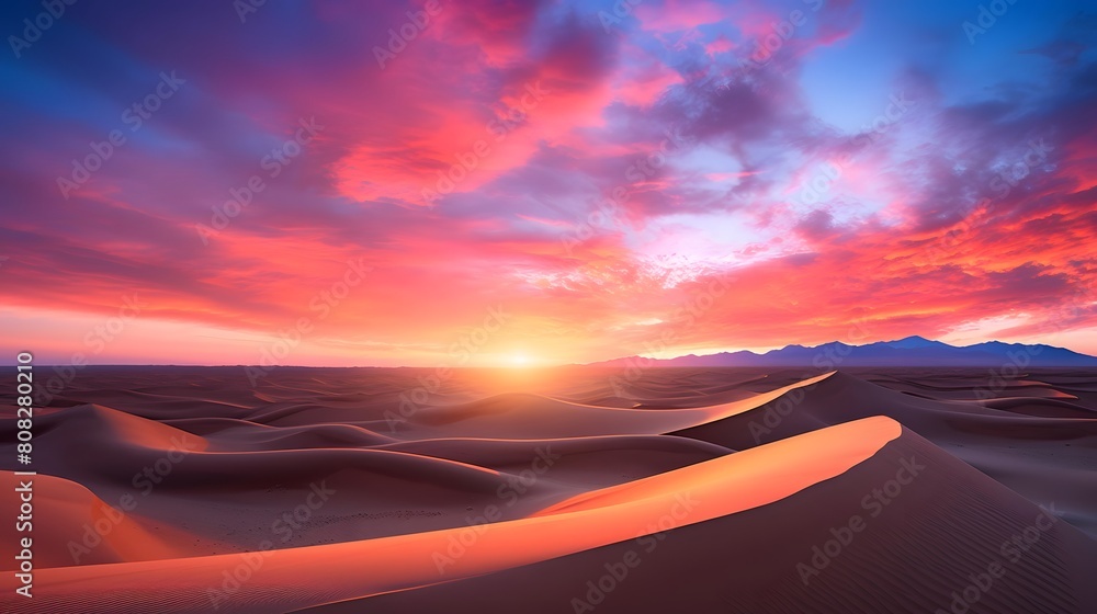 Sunset over the sand dunes. Panoramic image.