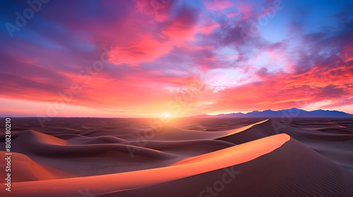 Sunset over the sand dunes. Panoramic image.