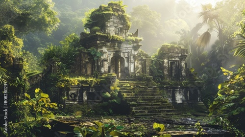 Mysterious ancient temple covered in moss in a lush forest. Atmospheric landscape photography