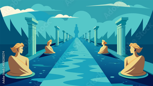 A path submerged in water with submerged sculptures representing stoic concepts.. Vector illustration