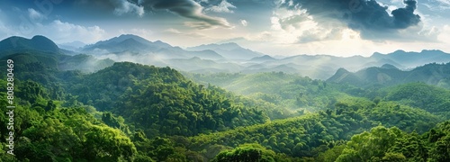 green mountain with jungle landscape in thailand with cloudy sky background