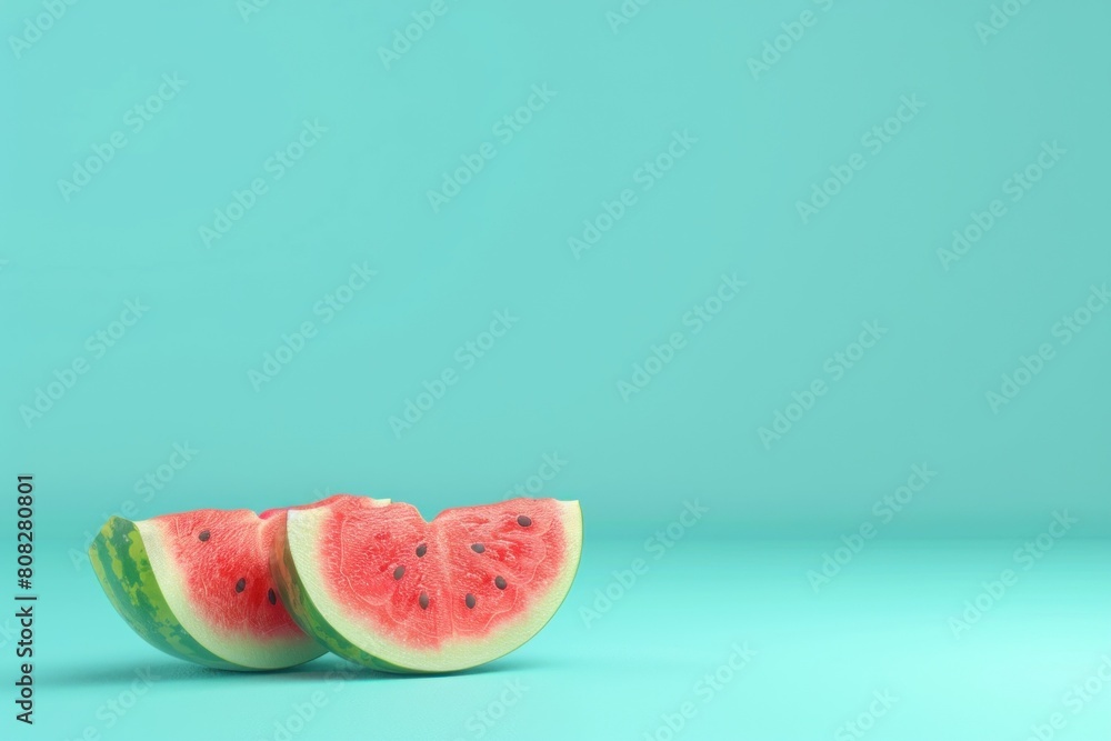 Two vibrant slices of watermelon placed in a line against a turquoise background, showcasing the fresh and juicy texture of the fruit, perfect for summer refreshment. Two vibrant slices of watermelon placed in a line against a turquoise background, showcasing the fresh and juicy texture of the fruit, perfect for summer refreshment.