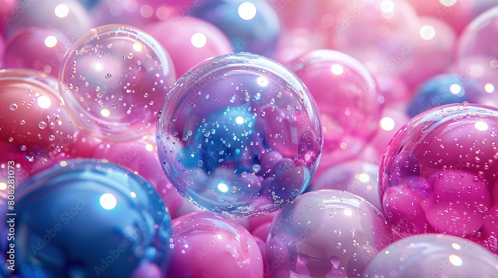 Soap bubbles float atop pink-blue ball pool Soap bubbles float atop pink-blue ball pool