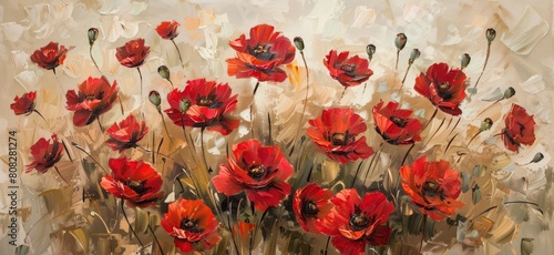 oil painting of red poppies on thick brush stroke beige colour background
