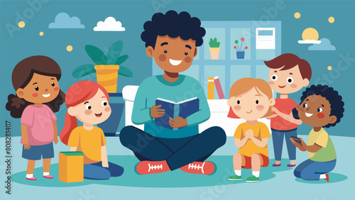 A group of kids in a hospital playroom experience a digital storytime together as a volunteer reads to them from a tablet lifting their spirits and. Vector illustration