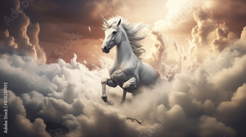A majestic white horse with flowing mane soars alone against a clear blue sky