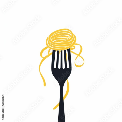 spaghetti on black fork on white background