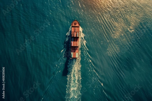 Aerial views reveal a large container ship navigating through the open sea, a vital link in the global logistics chain photo