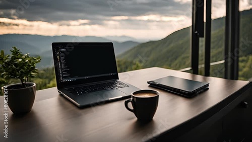 A laptop with a black screen and a coffee placed by the window, offering a breathtaking view of the fantastic landscape. photo