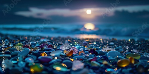 a beach is covered with colorful glass pebbles, and the moonlight shines on them from above photo