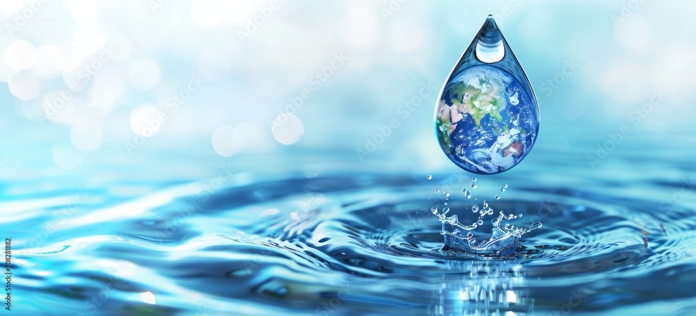 A photorealistic image of planet Earth as a glossy, clear water drop floating on blue water. World Water day concept with world in clean water drop, Environment save and ecology A photorealistic image of planet Earth as a glossy, clear water drop floating on blue water. World Water day concept with world in clean water drop, Environment save and ecology