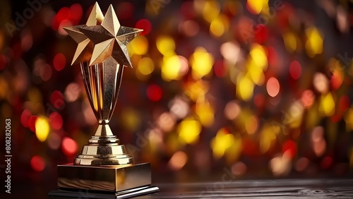 3D gold fivestar trophy symbolizing best customer feedback and satisfaction. Concept Customer Feedback, Satisfaction, Gold Trophy, 3D Design, Five Star photo