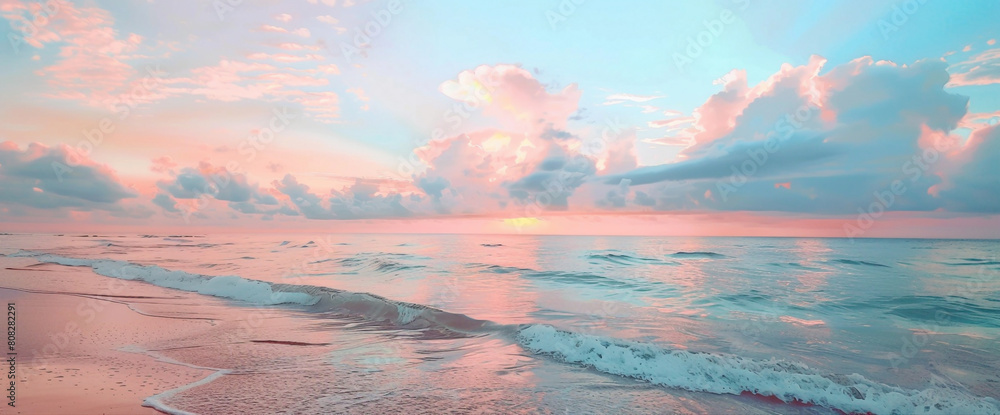 Naklejka premium A symphony of coral pink and ocean blue blending softly, like a tranquil sunset painting the sky with gentle hues.