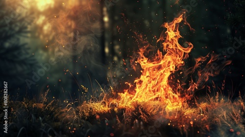 Wild forest fire at dusk with vibrant flames and floating sparks. Environmental hazard concept.